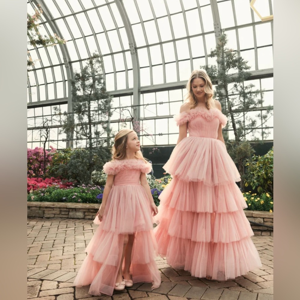 Mac Duggal Pink Off-Shoulder Tiered Tulle High-Low Gown - Picture 5 of 5
